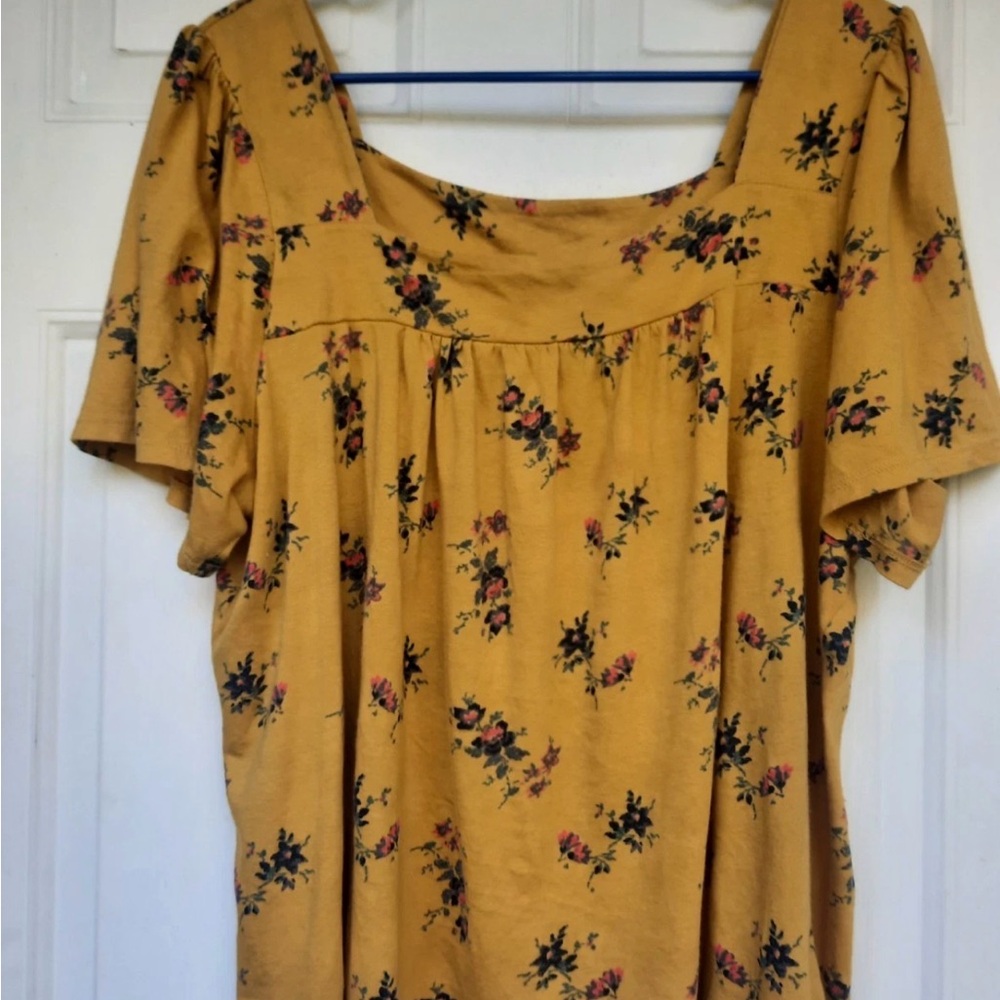 Lucky Brand Mustard yellow Floral Square-Neck Women’s peasant Top blouse tee XL